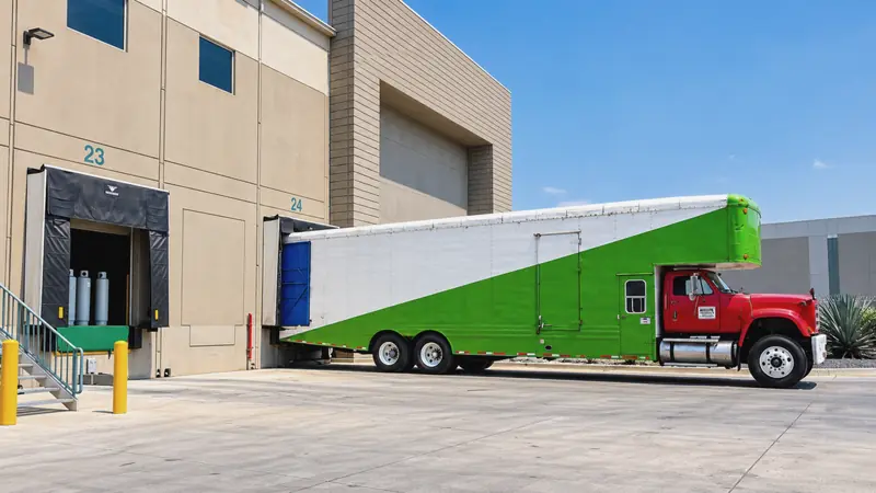 Tráiler verde con cabina roja frente a un almacén