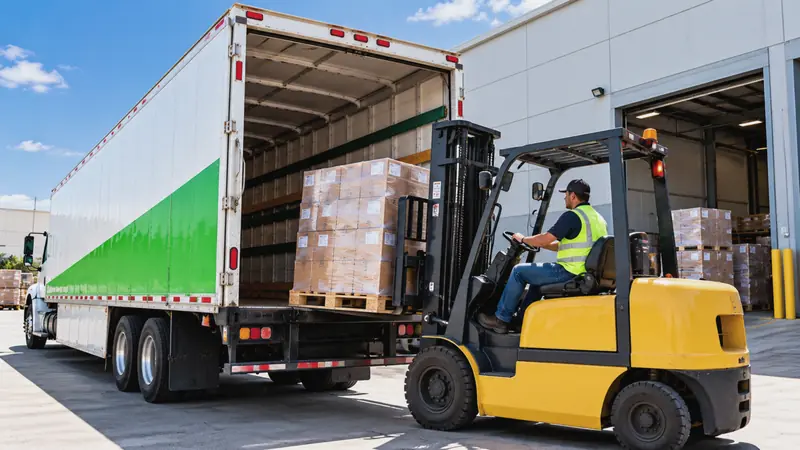 Montacargas subiendo tarimas con cajas a un camión de Express Rico