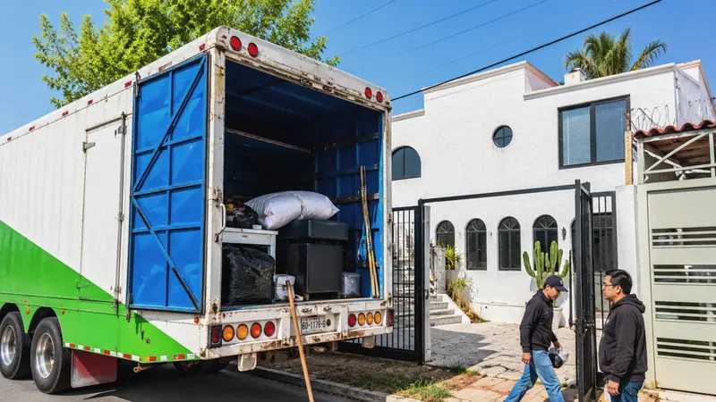 Mudanza frente a una casa, con el camión abierto y muebles protegidos